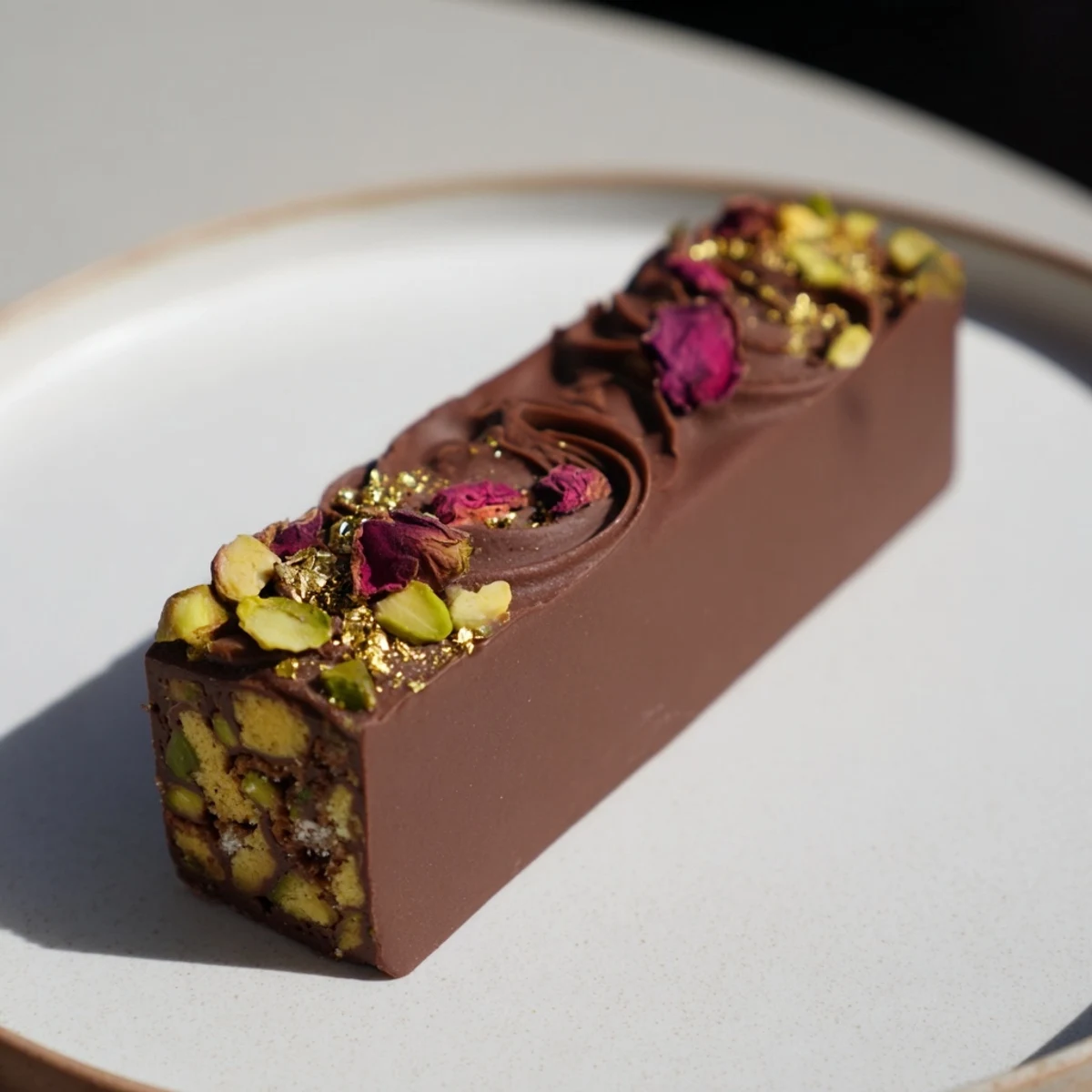 Decadent chocolate bar inspired creations with crunchy pistachio topping and rose petals.  