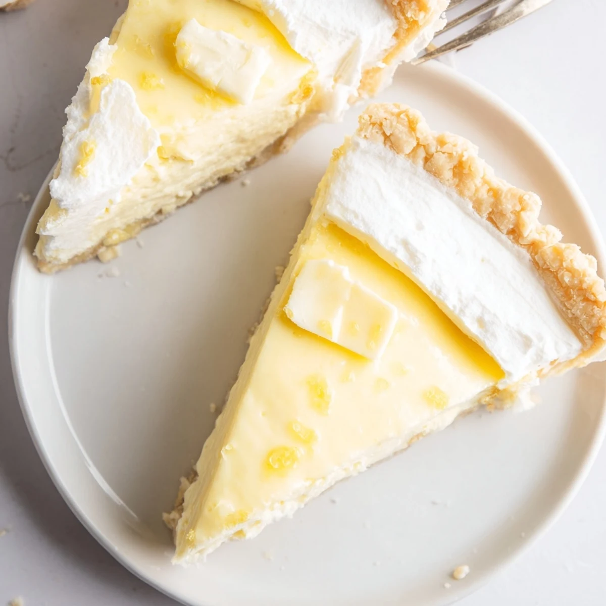 Sliced Water Pie served with whipped cream and berries, a simple, delightful dessert.