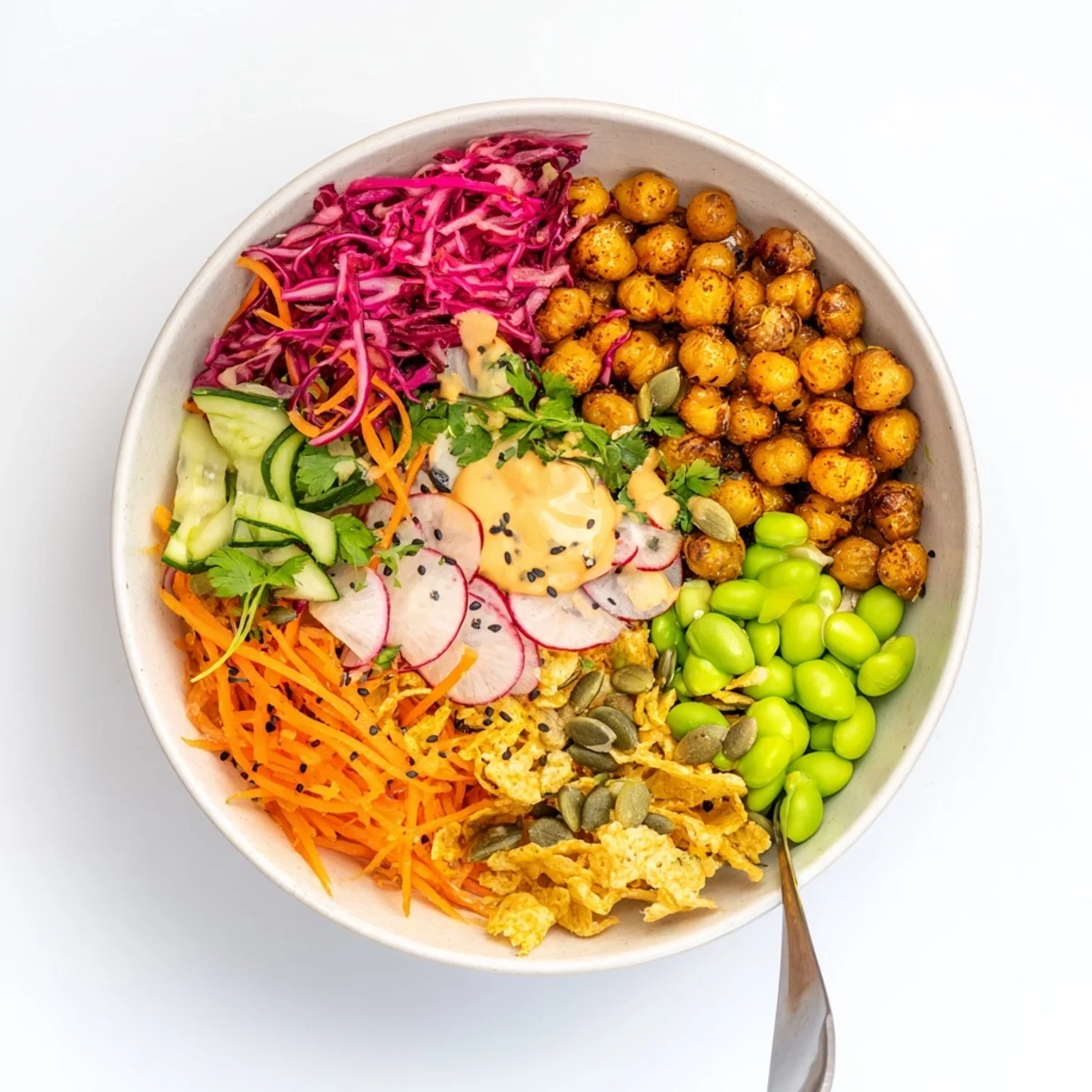 Brightly colored ASMR Crunch Snack Bowls filled with fresh veggies and crispy toppings.