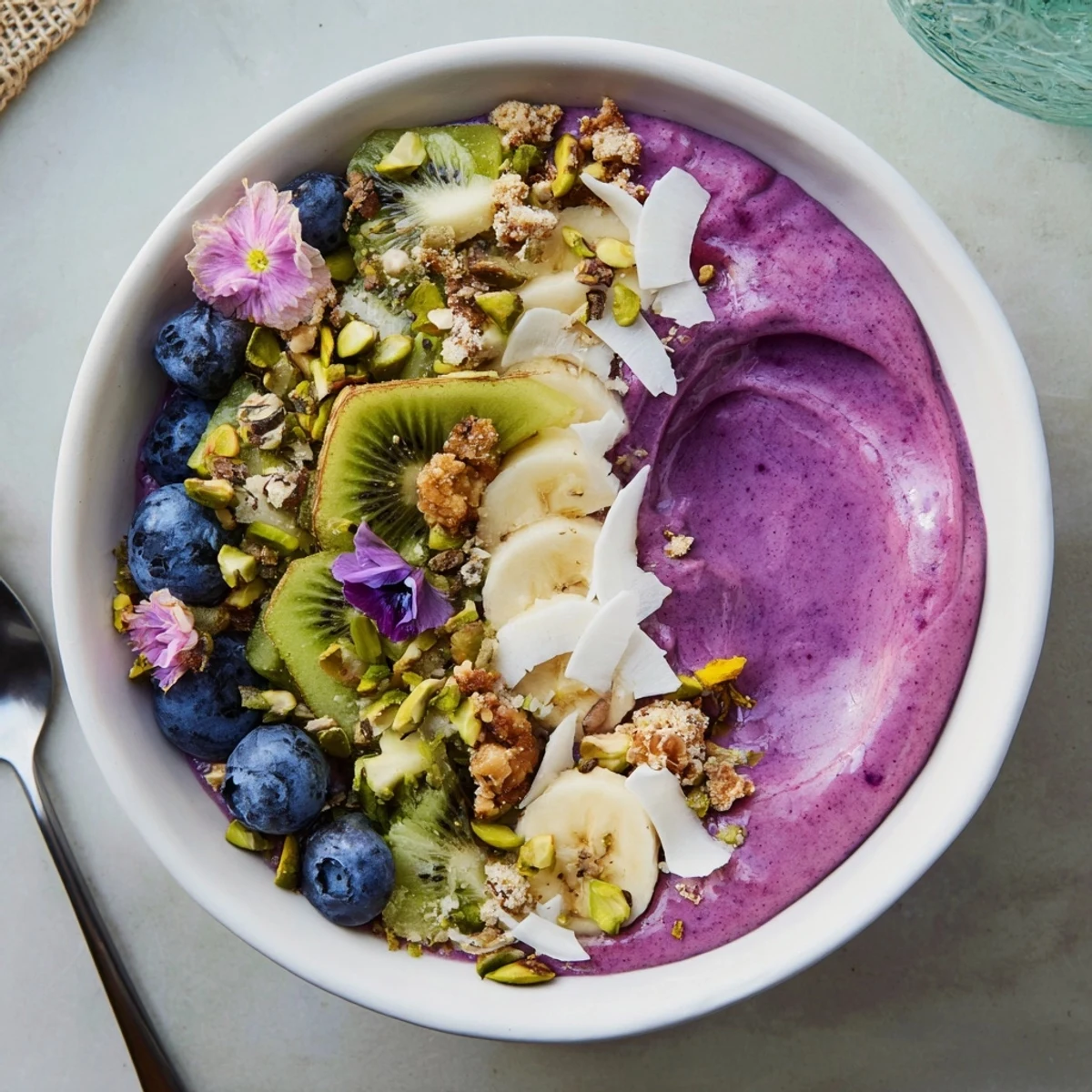 Delightful breakfast featuring colorful smoothie bowls, garnished with kiwi and crunchy granola.