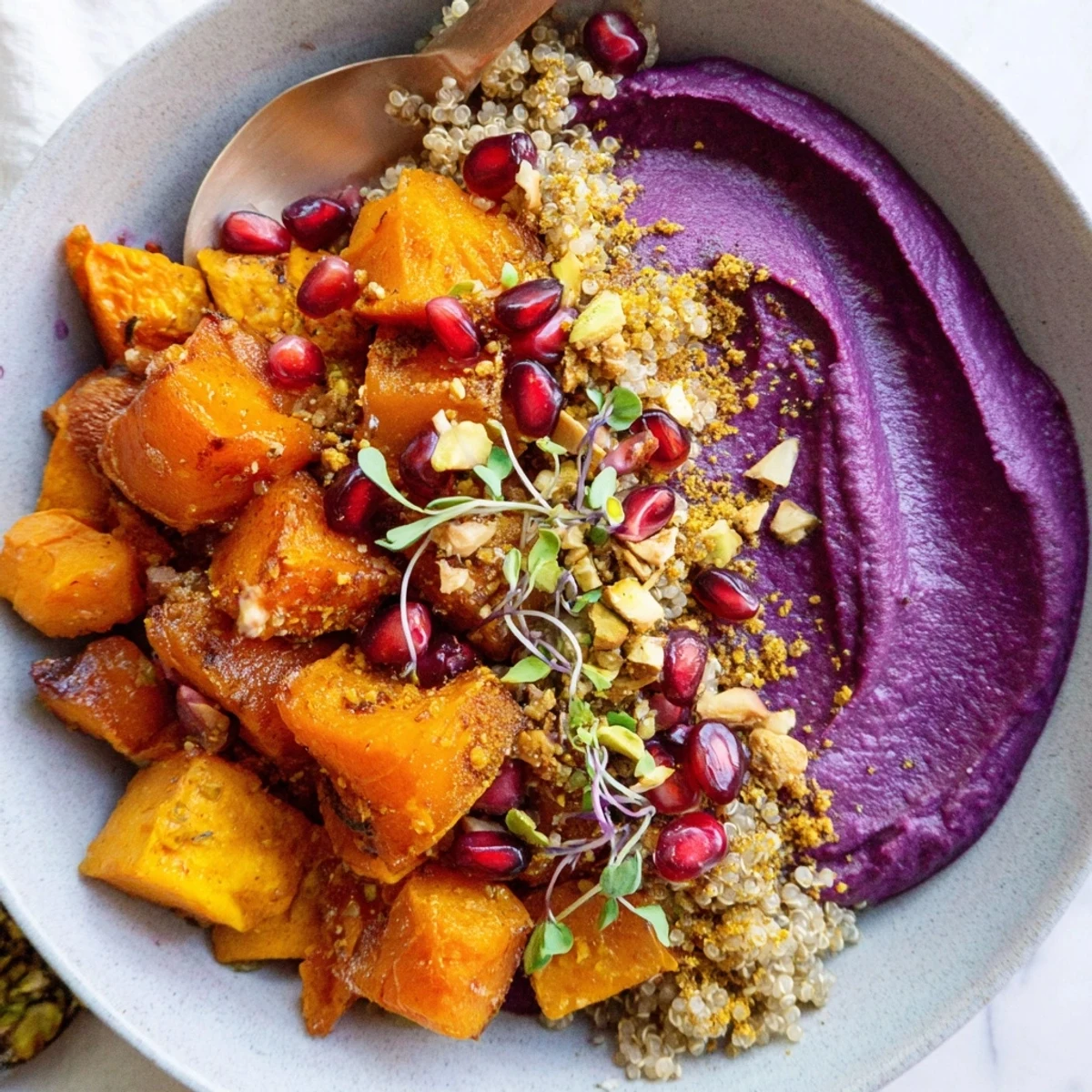 Deliciously warm Spiced Winter Bowls, topped with pistachio-maple crumble and pomegranate seeds.