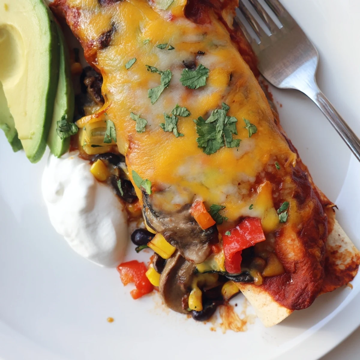 Savory Farmers Market Vegetarian Enchiladas drizzled with tangy sauce and served with avocado.