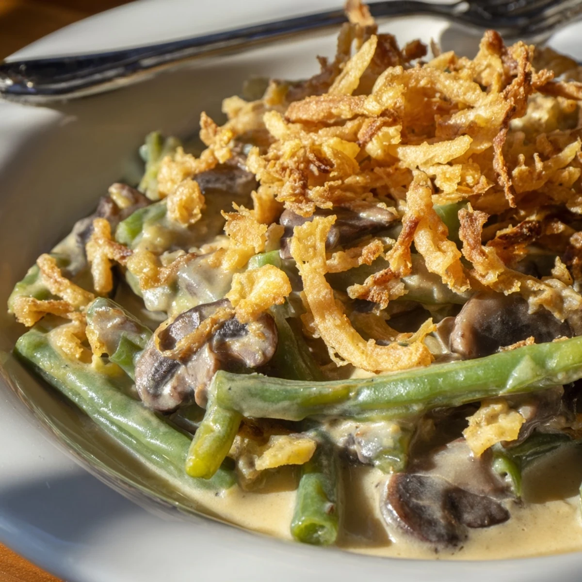 Creamy old-school green bean casserole topped with crispy fried onions and mushrooms.  