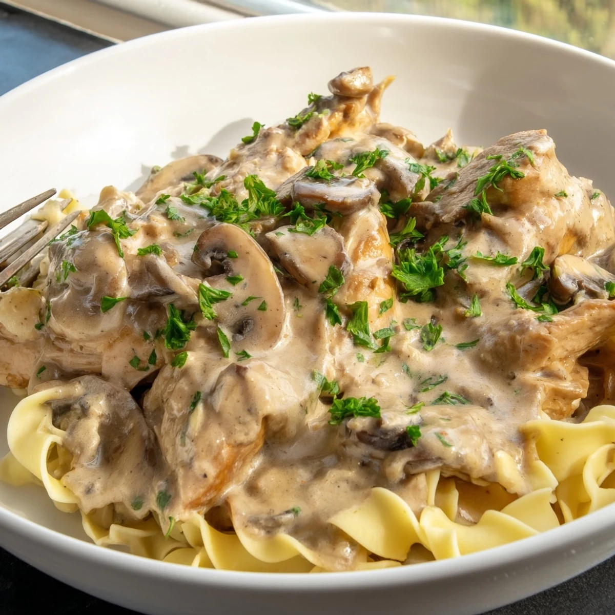 Creamy Chicken Stroganoff served over egg noodles, garnished with fresh parsley.