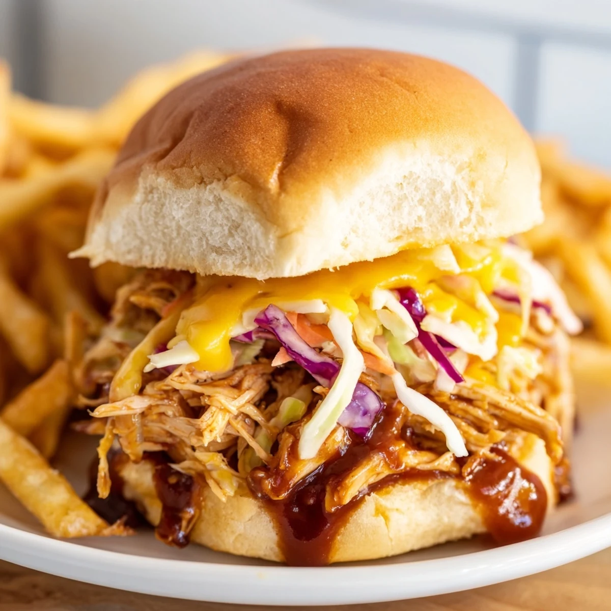 Juicy BBQ chicken sliders piled high with coleslaw and cheese, served with fries.  