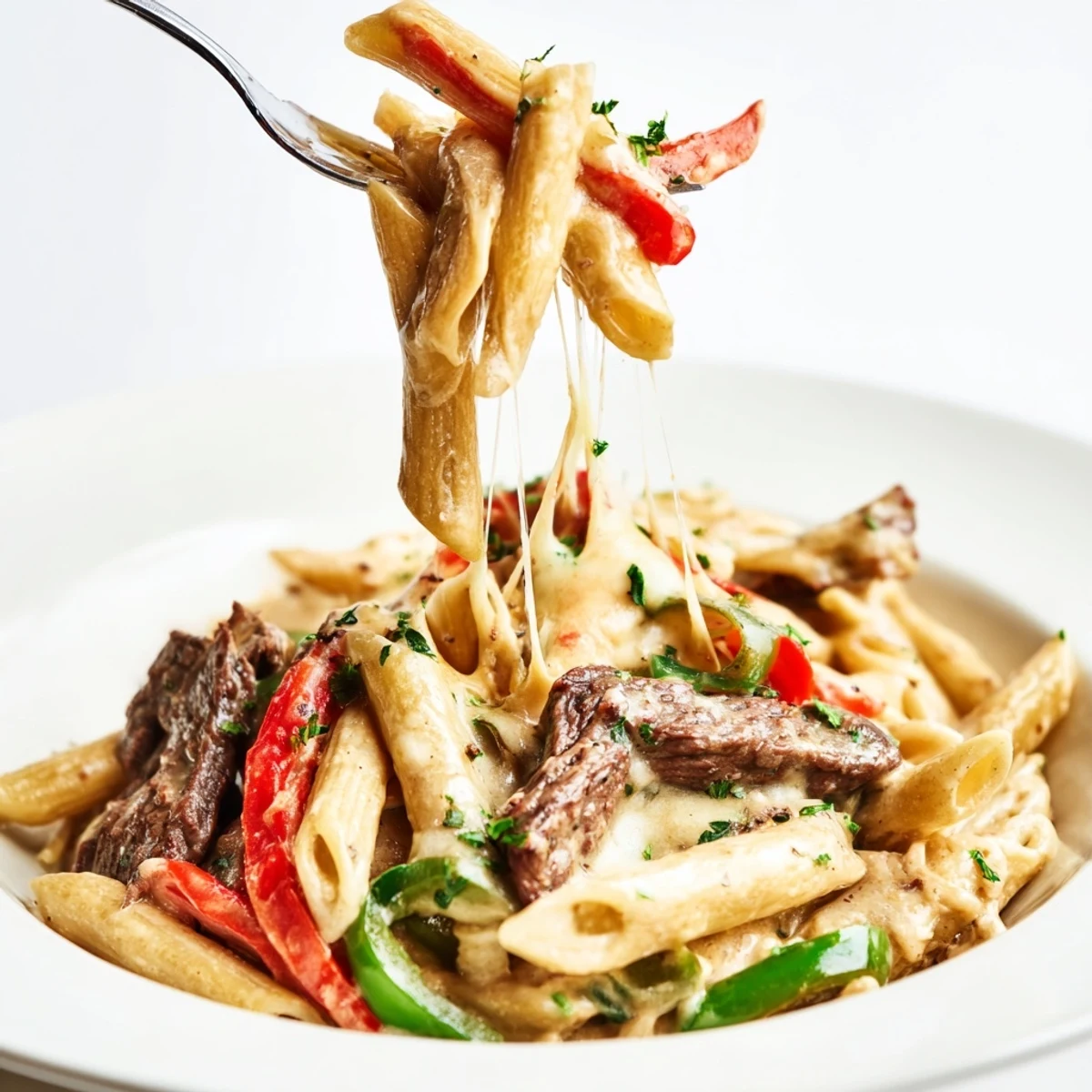 A creamy Philly cheese steak pasta overflowing with beef, peppers, and melted cheese.  