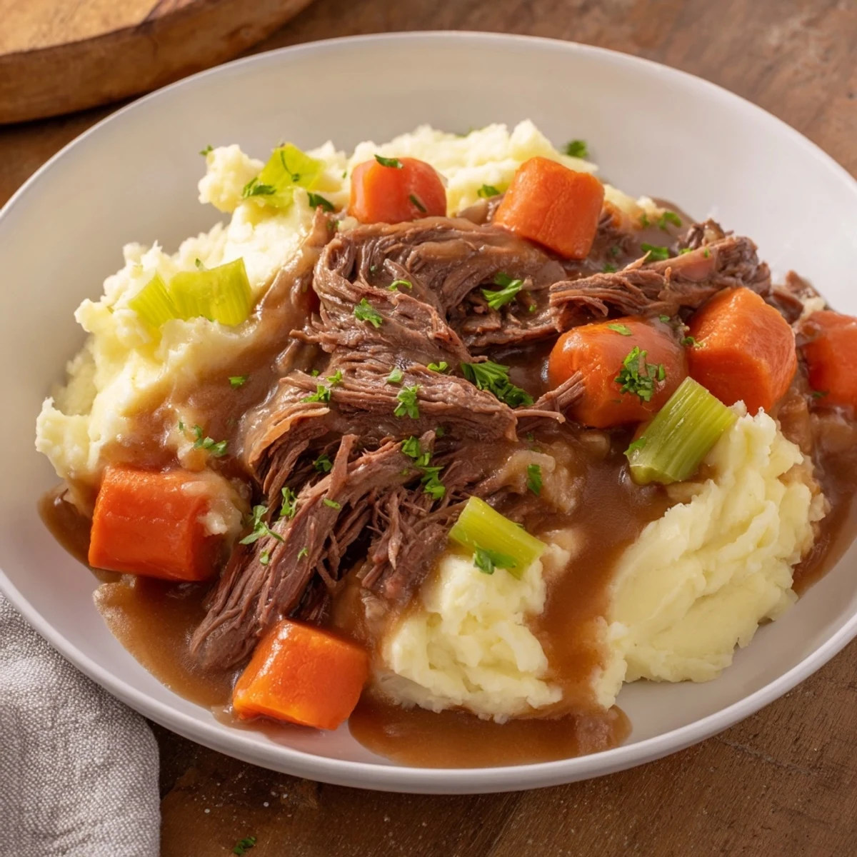 Tender Slow Cooker Pot Roast with vegetables and rich gravy, served beautifully over creamy mashed potatoes.
