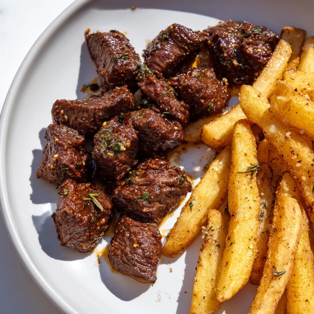 Golden fries and blackened Cajun steak bites, a flavorful combo, perfectly seasoned and cooked.