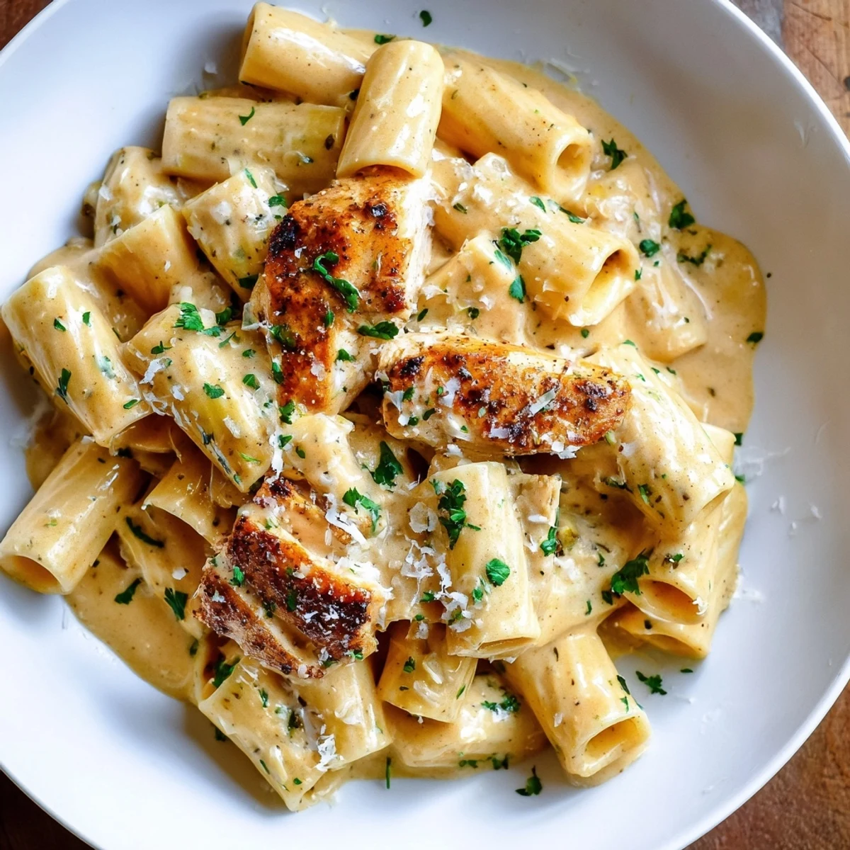 Golden chicken pieces mingle with creamy garlic Parmesan chicken rigatoni in this inviting dish.