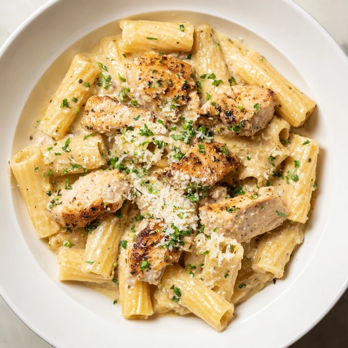 A close-up view of creamy garlic Parmesan chicken rigatoni, rich sauce embracing perfectly cooked pasta.