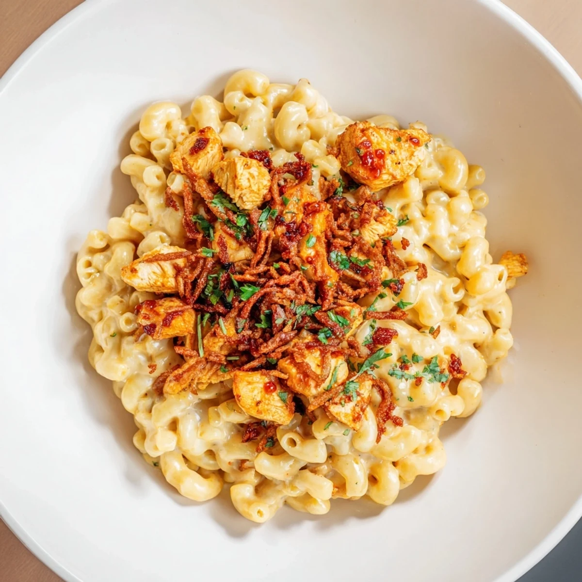 Warm, creamy One-Pot Honey BBQ Chicken Mac and Cheese, bubbling and ready to serve, a perfect comfort food.