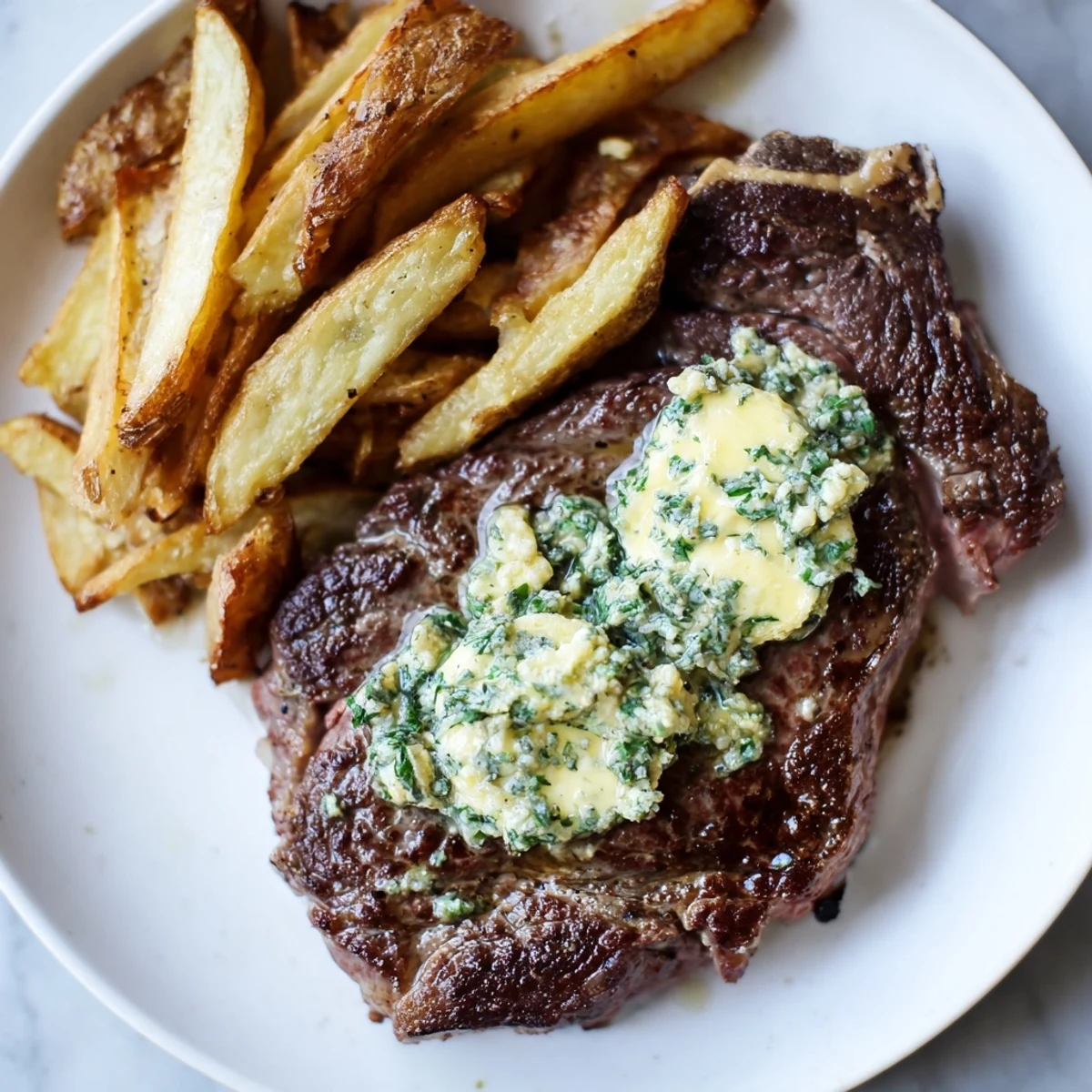 Golden, crispy fries alongside a tender Steakhouse Garlic Butter Steak, ready for a delicious dinner.