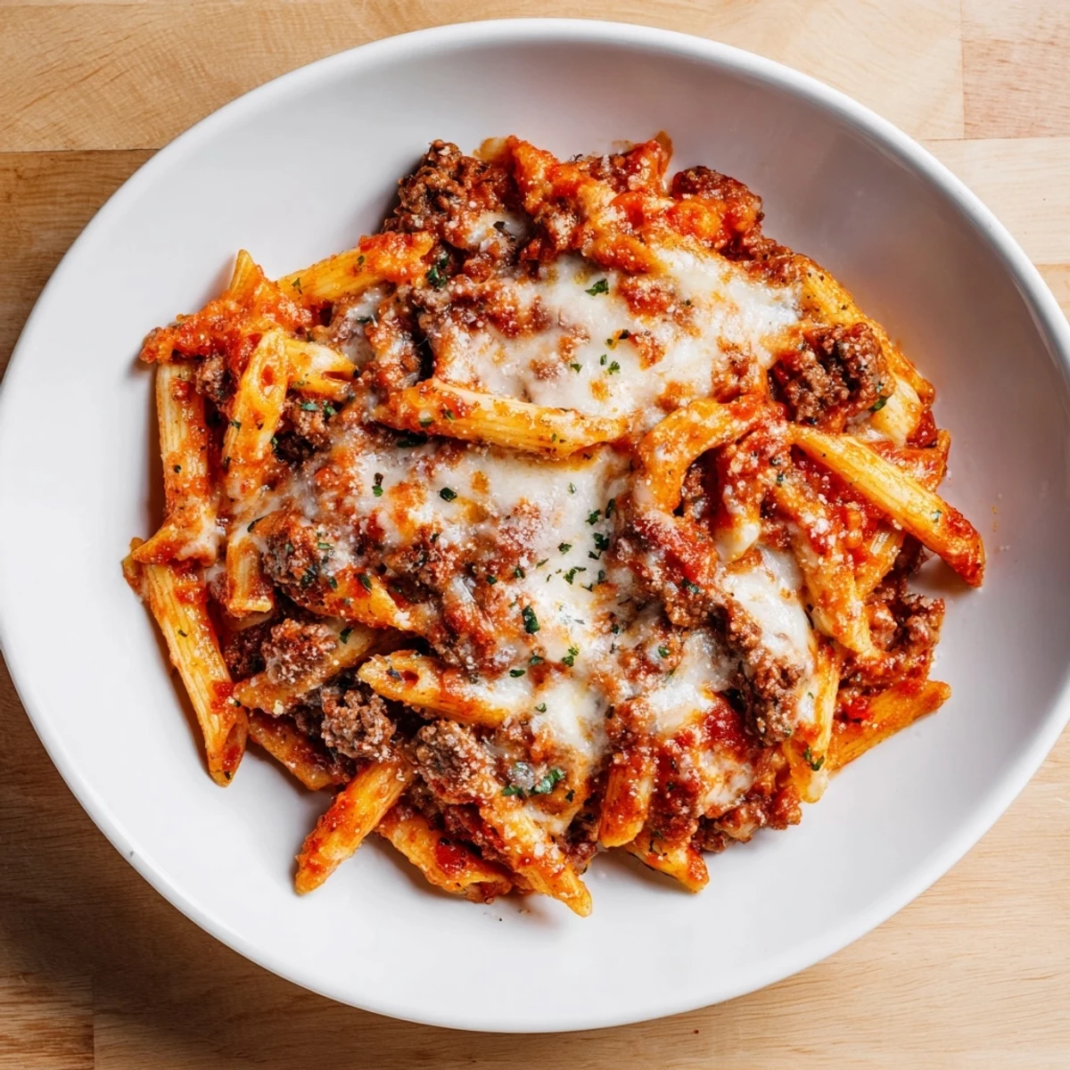 Golden, bubbly Cheesy Beef & Penne Bake, a savory casserole with melted mozzarella and Parmesan.