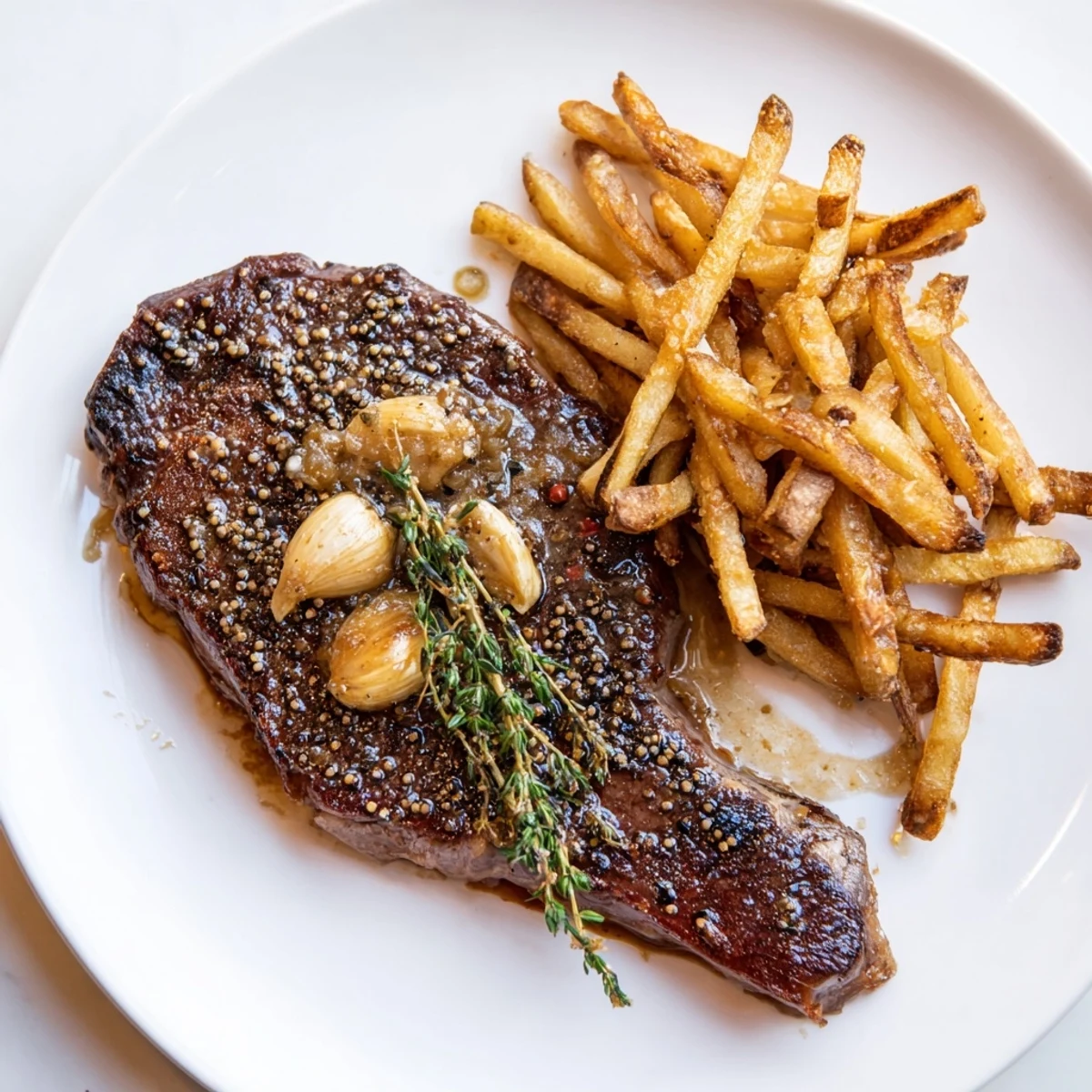 A close-up of a perfectly seared Classic Peppercorn Ribeye, glistening and flavorful, beside golden fries.