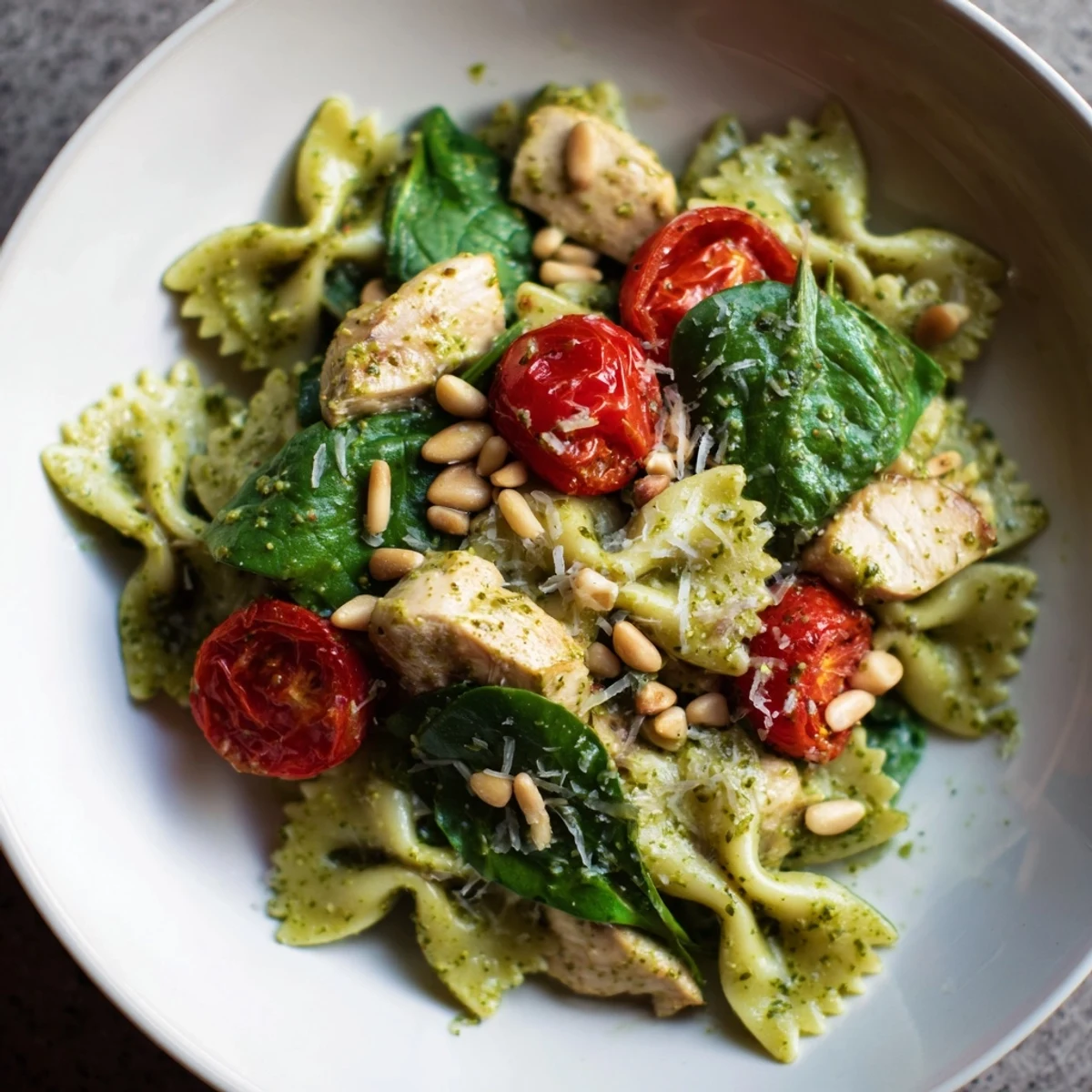 Fresh basil garnishes a bowl of delicious pesto chicken bowtie pasta, ready to enjoy with family.