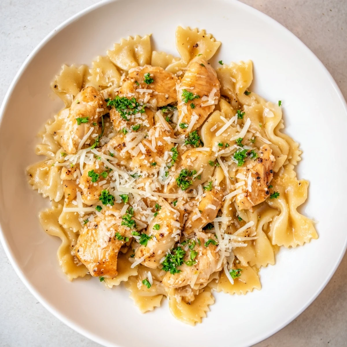 Flavorful Mozzarella Garlic Butter Chicken Bowties, served with a garnish of parsley and Parmesan cheese.