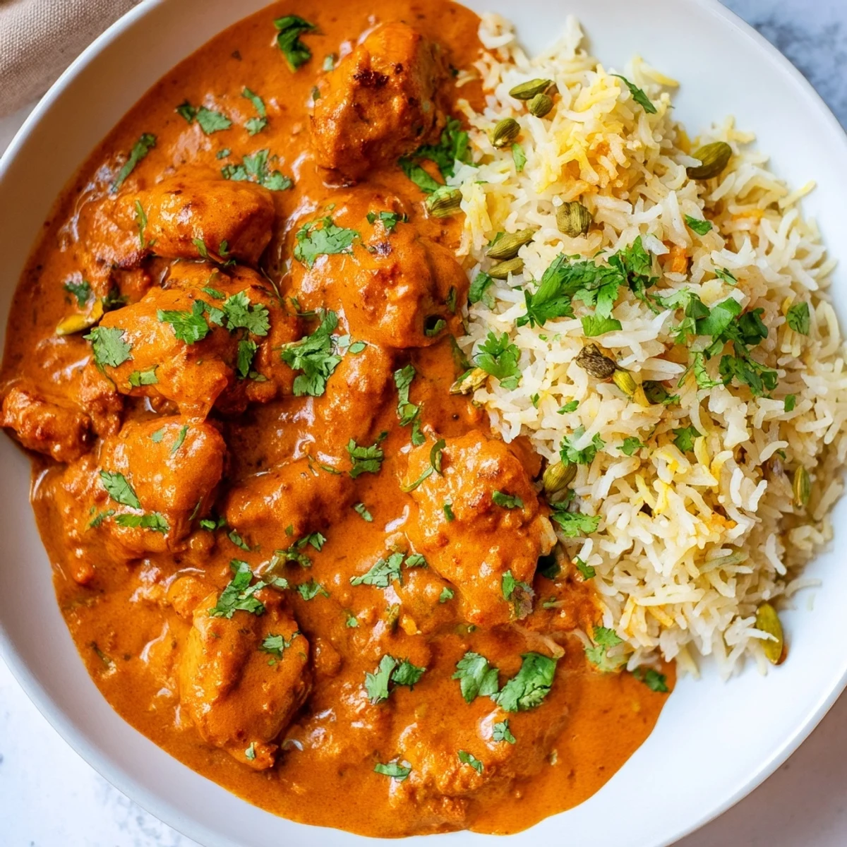 Butter Chicken & Rice Pilaf: creamy, vibrant orange butter chicken served beside fluffy, aromatic rice.