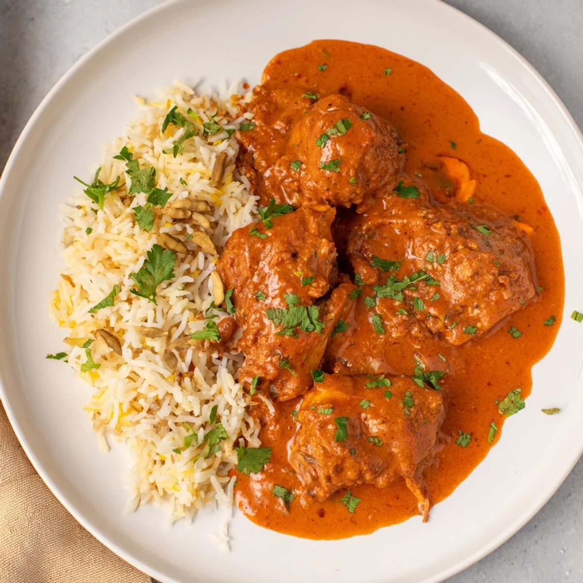 A warm bowl of Butter Chicken & Rice Pilaf, garnished with fresh cilantro, ready to enjoy.