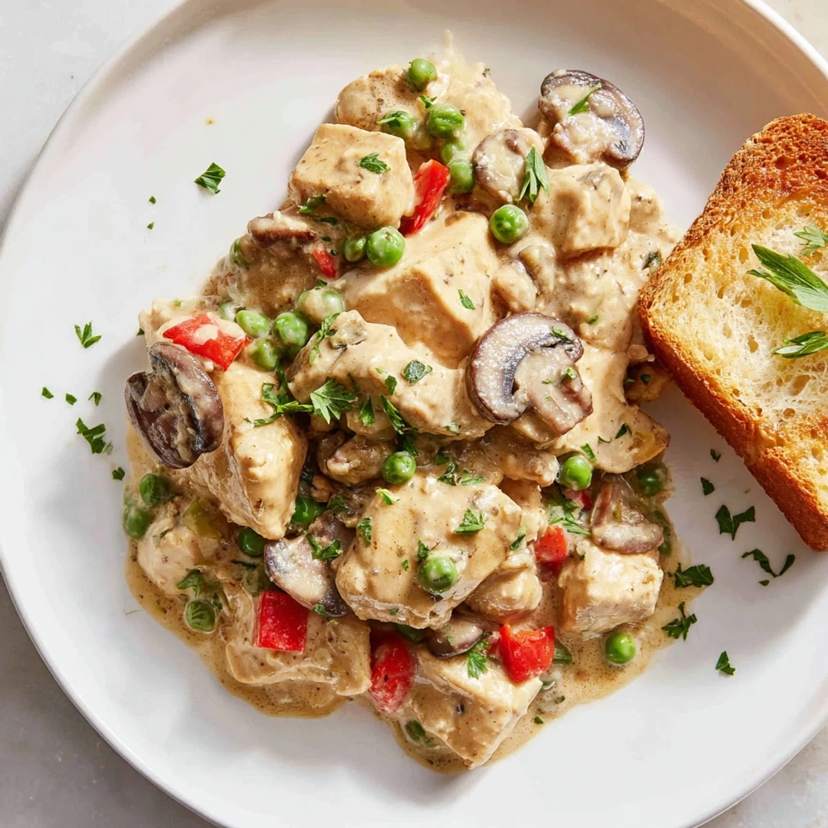 A close-up of a warm bowl of chicken à la king, with tender chicken and veggies on buttered toast.