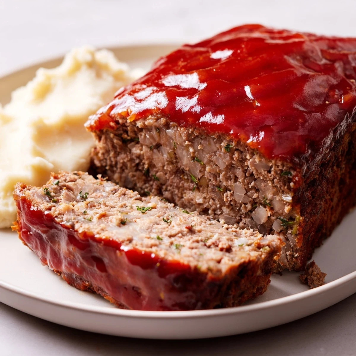 A close-up of a juicy, flavorful Classic Meatloaf & Mashed Potatoes dinner, steaming and ready to eat.