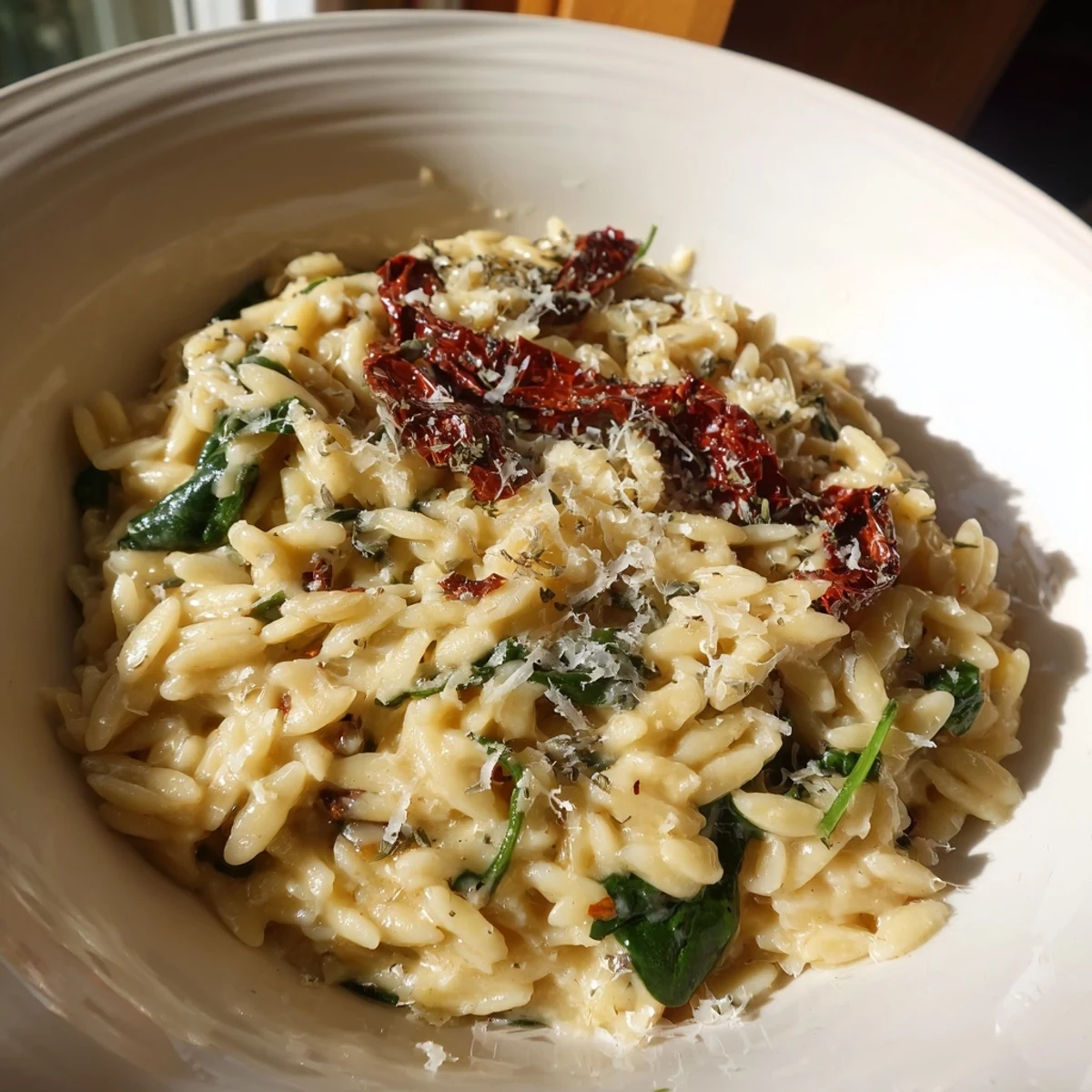 Creamy Tuscan Orzo Bowl with sun-dried tomatoes and spinach—a delicious and hearty vegetarian meal.