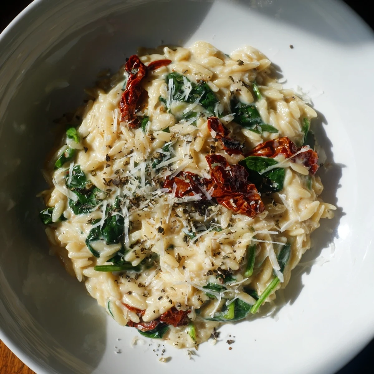 A close-up of a steaming Creamy Tuscan Orzo Bowl, rich with Parmesan and vibrant green spinach.