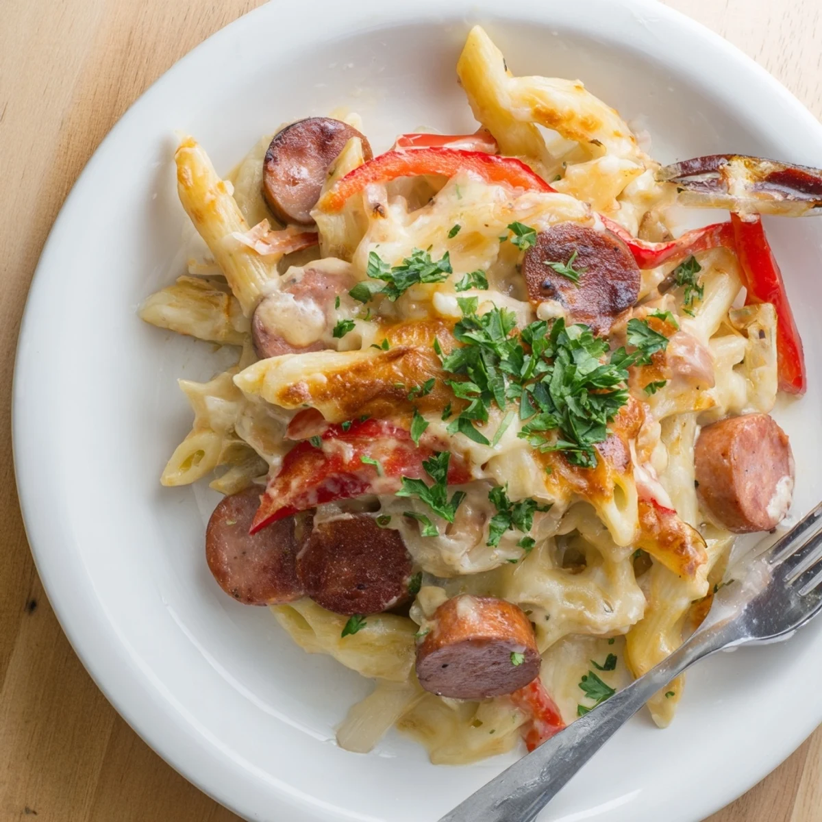 A close-up of a warm bowl of hearty Smoked Sausage & Cheddar Pasta Bake, perfect comfort food.