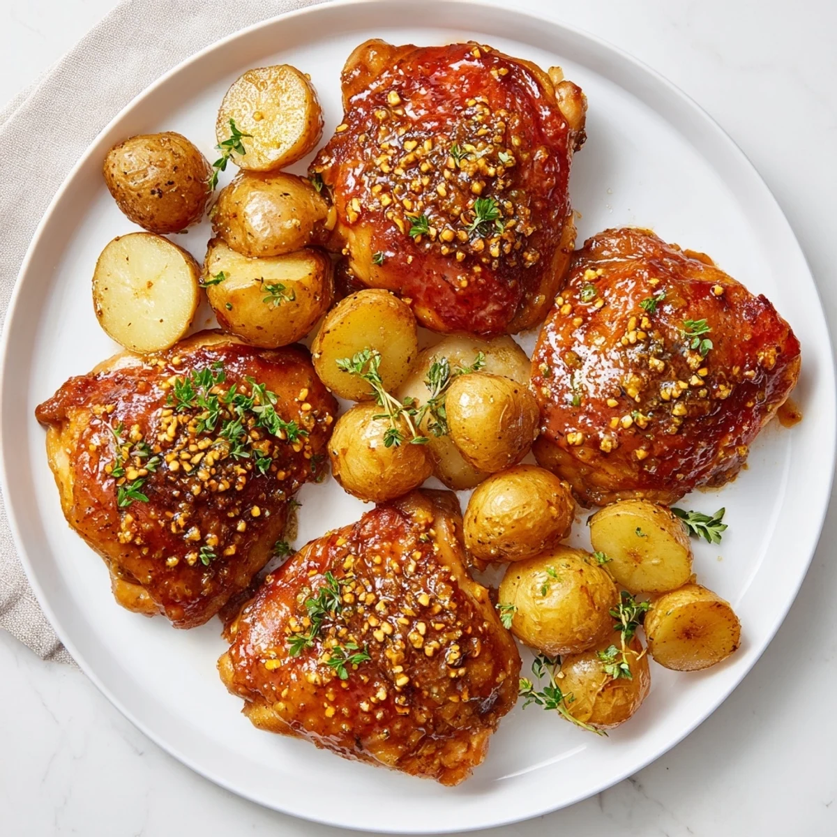 Honey mustard chicken and roasted potatoes, a golden baked dish, savory and delicious, ready to eat.