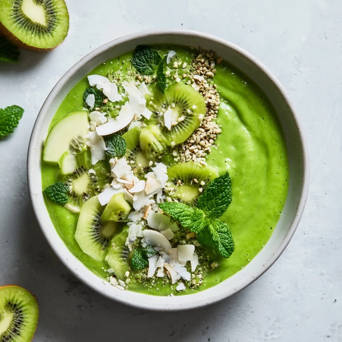 Vibrant green smoothie bowl with kale, cucumber, and kiwi, garnished with hemp seeds for a healthy breakfast.