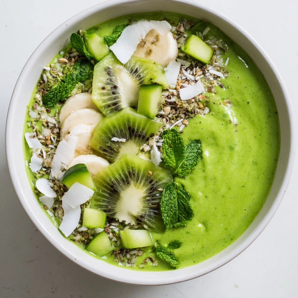 Creamy green smoothie bowl featuring fresh kale, avocado, and kiwi, a delightful vegan breakfast ready to eat.