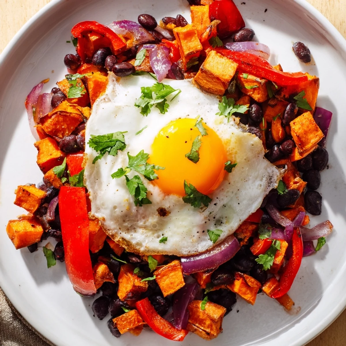 Golden, roasted sweet potatoes and black beans in this flavorful breakfast hash with eggs.