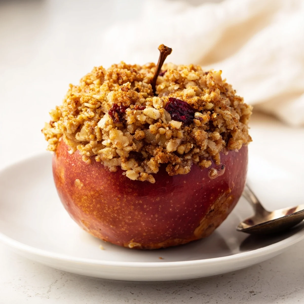 Golden-brown Baked Apples with Oat-Nut Crumble, a warm dessert ready for enjoying.