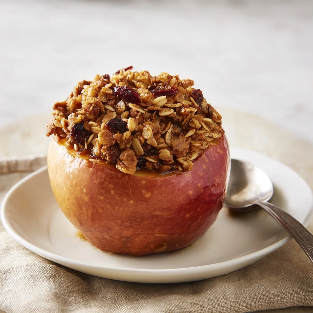 A close-up of wholesome Baked Apples with Oat-Nut Crumble showing the tender baked apple.