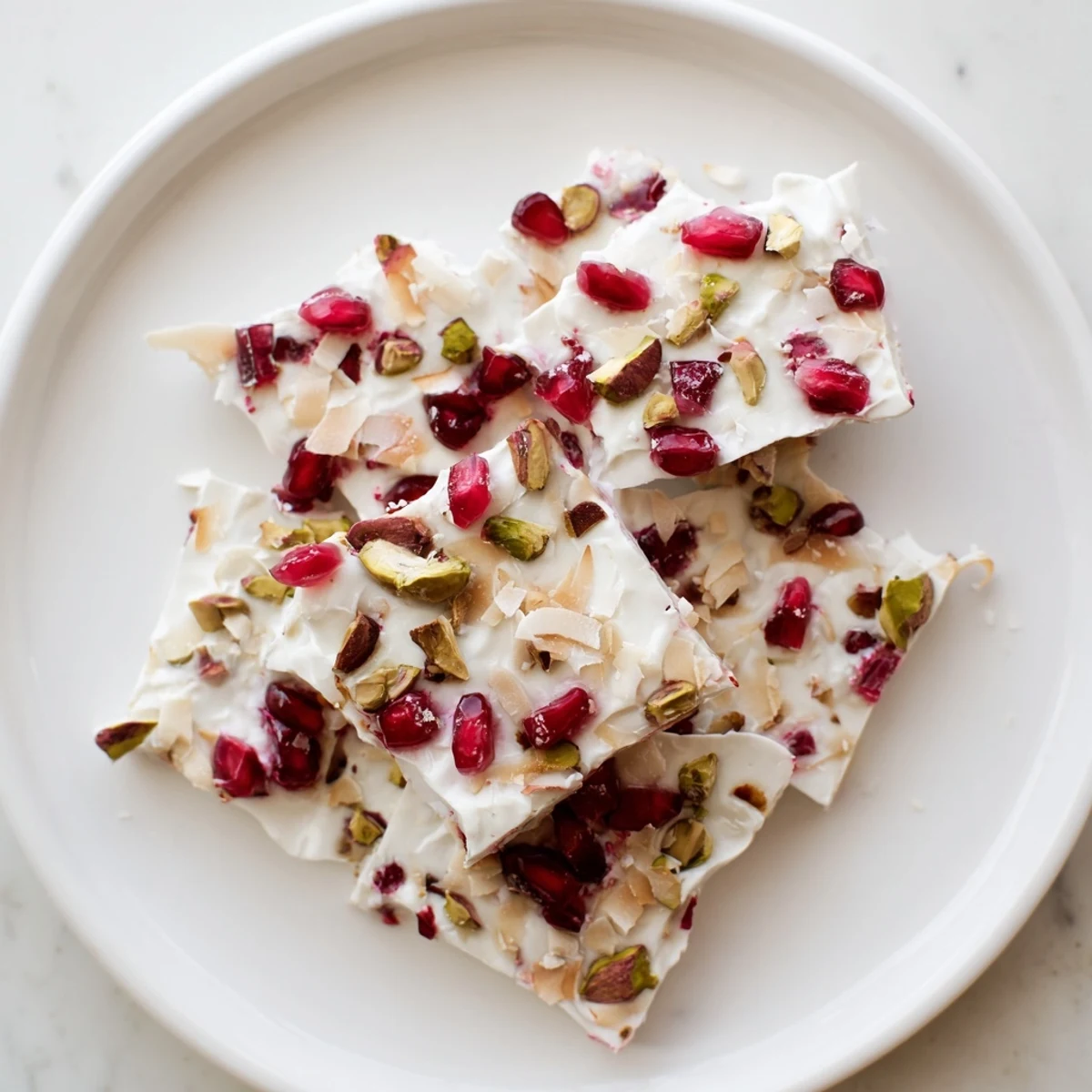 A colorful slice of Frozen Yogurt Bark with vibrant pomegranate and crunchy pistachios.