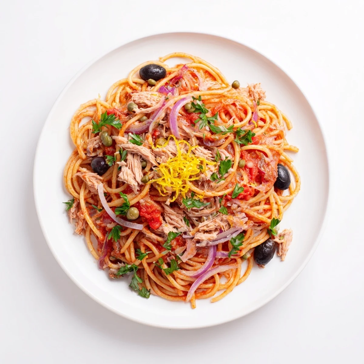 Close-up photo of pasta with tuna, olives, and capers, boasting colorful Mediterranean flavors.