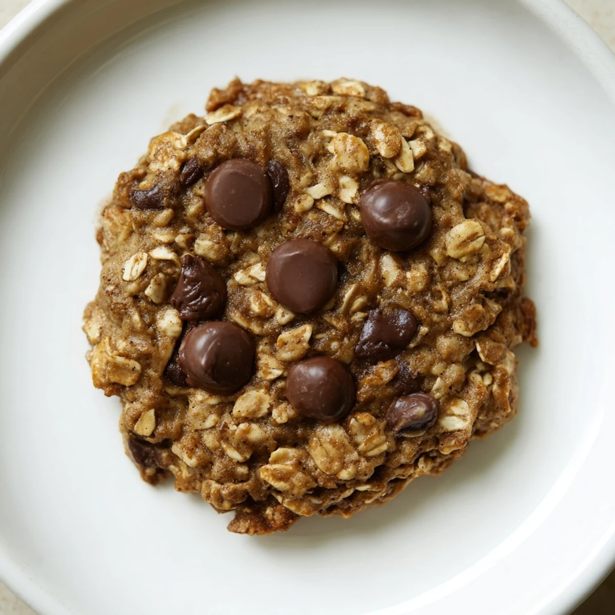 Mouthwatering image of a batch of Oat-Banana Chocolate Chip Cookies, studded with chocolate chips.