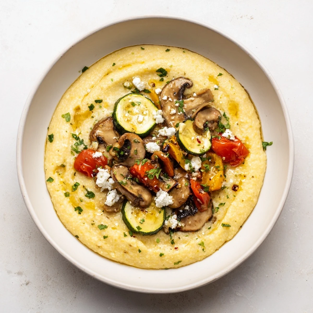 Creamy Cornmeal Mush Polenta Bowls, served warm with roasted veggies and herbs, are a delicious meal.