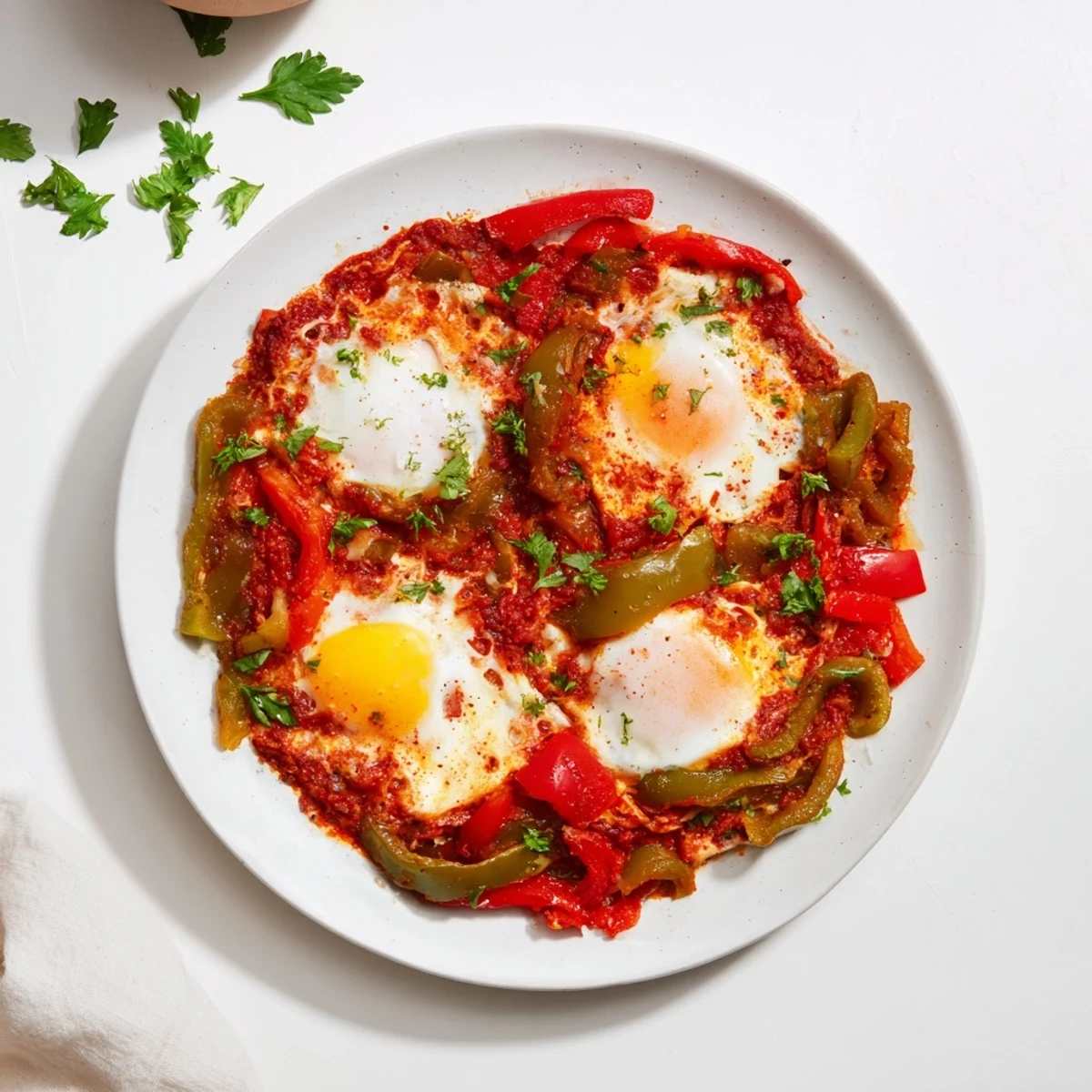 Steaming hot Shakshuka, vibrant red tomato sauce cradling perfectly poached eggs, ready to eat.