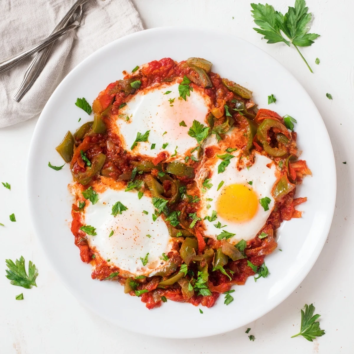 Golden-yolked eggs nestled in a rich Shakshuka sauce, garnished with fresh herbs and served with bread.