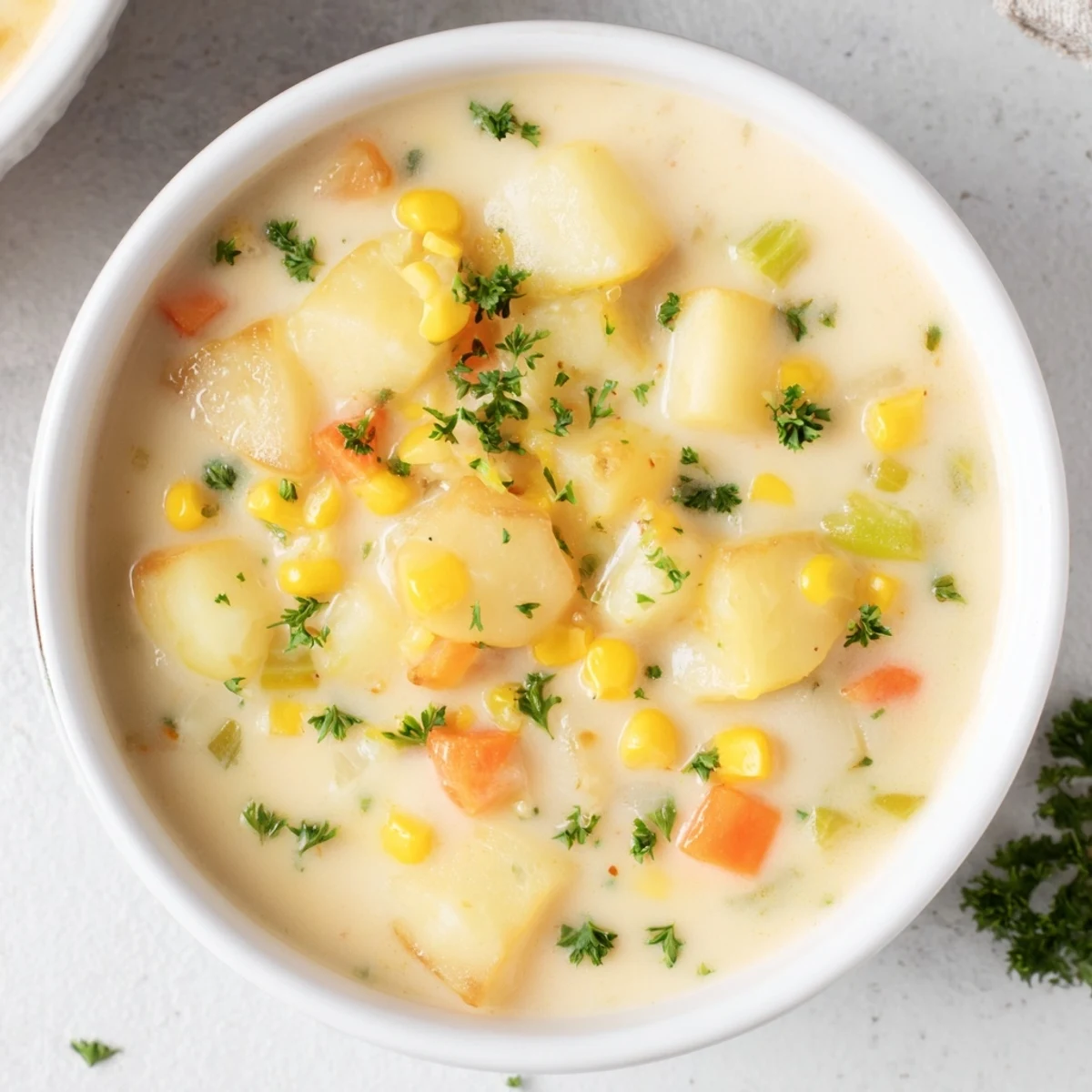Steaming bowl of Corn & Potato Chowder, showcasing tender potatoes and sweet corn kernels, ready to eat.