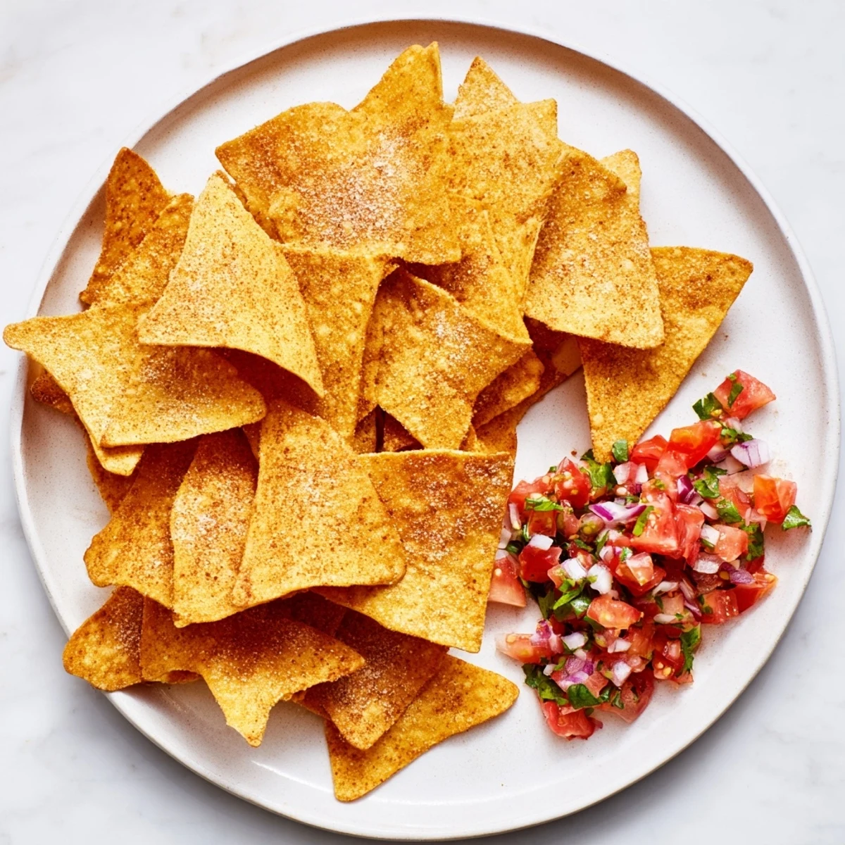 Golden and crispy air-fryer tortilla chips with a vibrant, fresh homemade salsa for dipping.