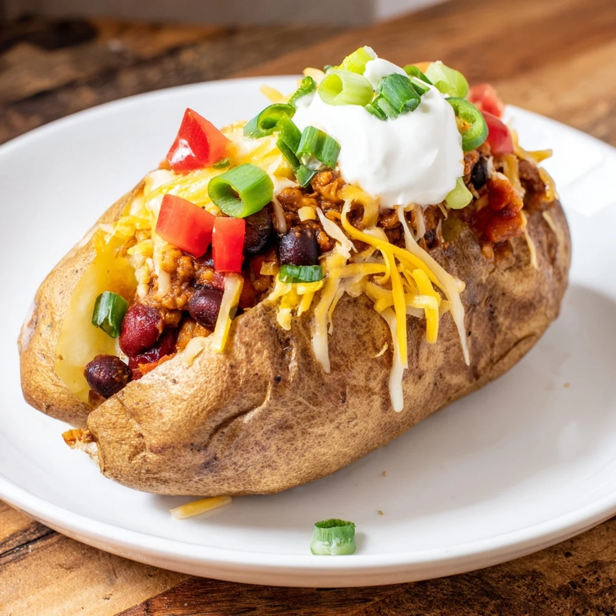 Golden Loaded Baked Potato with Chili and Cheese, a comforting meal with melted cheese and fresh green toppings.