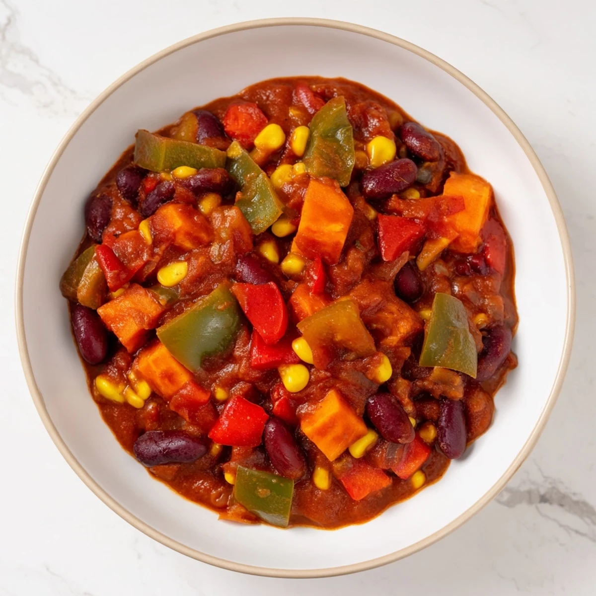 A steaming bowl of veggie chili, a colorful vegan and vegetarian main dish.