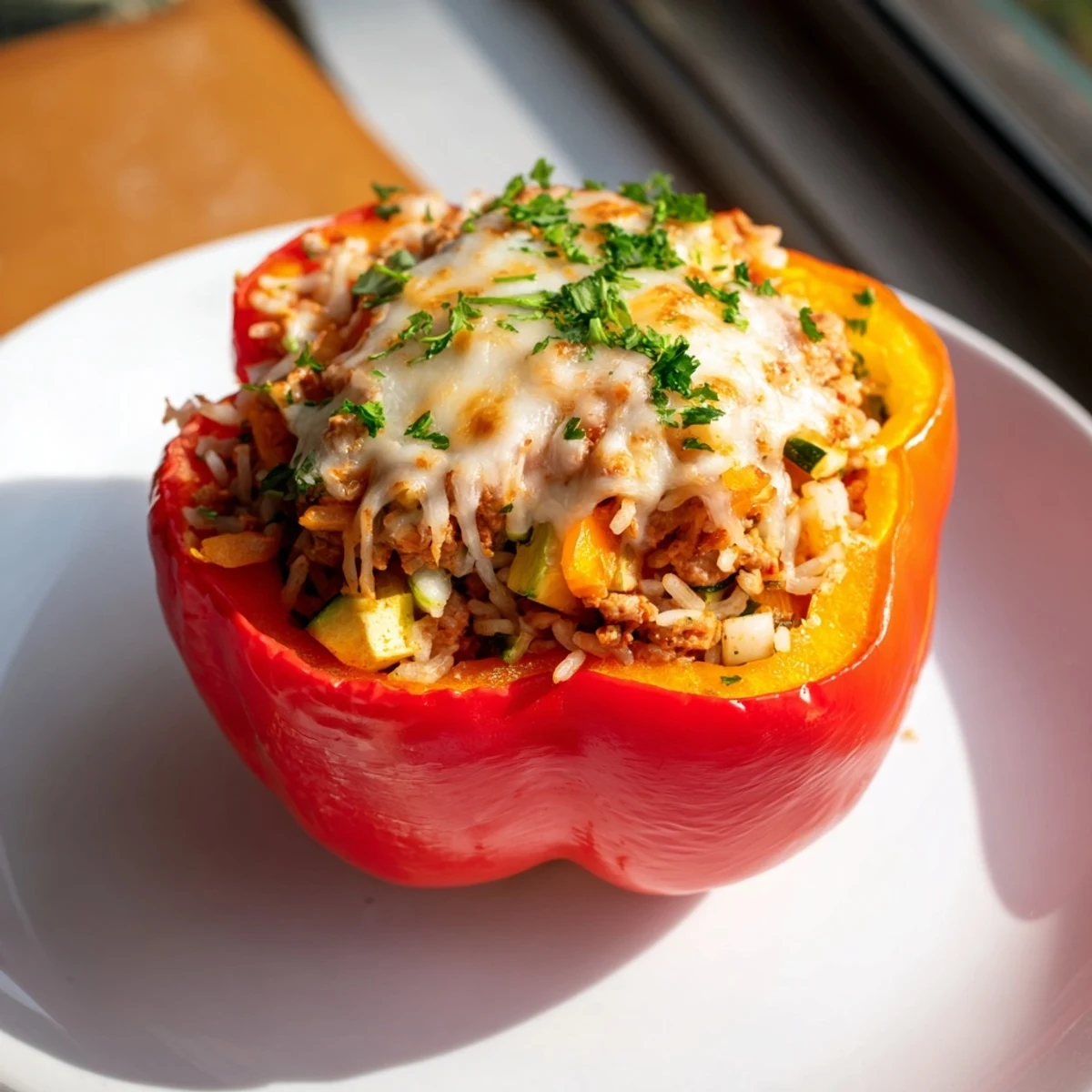 A warm, close-up shot of perfectly cooked Stuffed Peppers, filled with seasoned meat and rice.