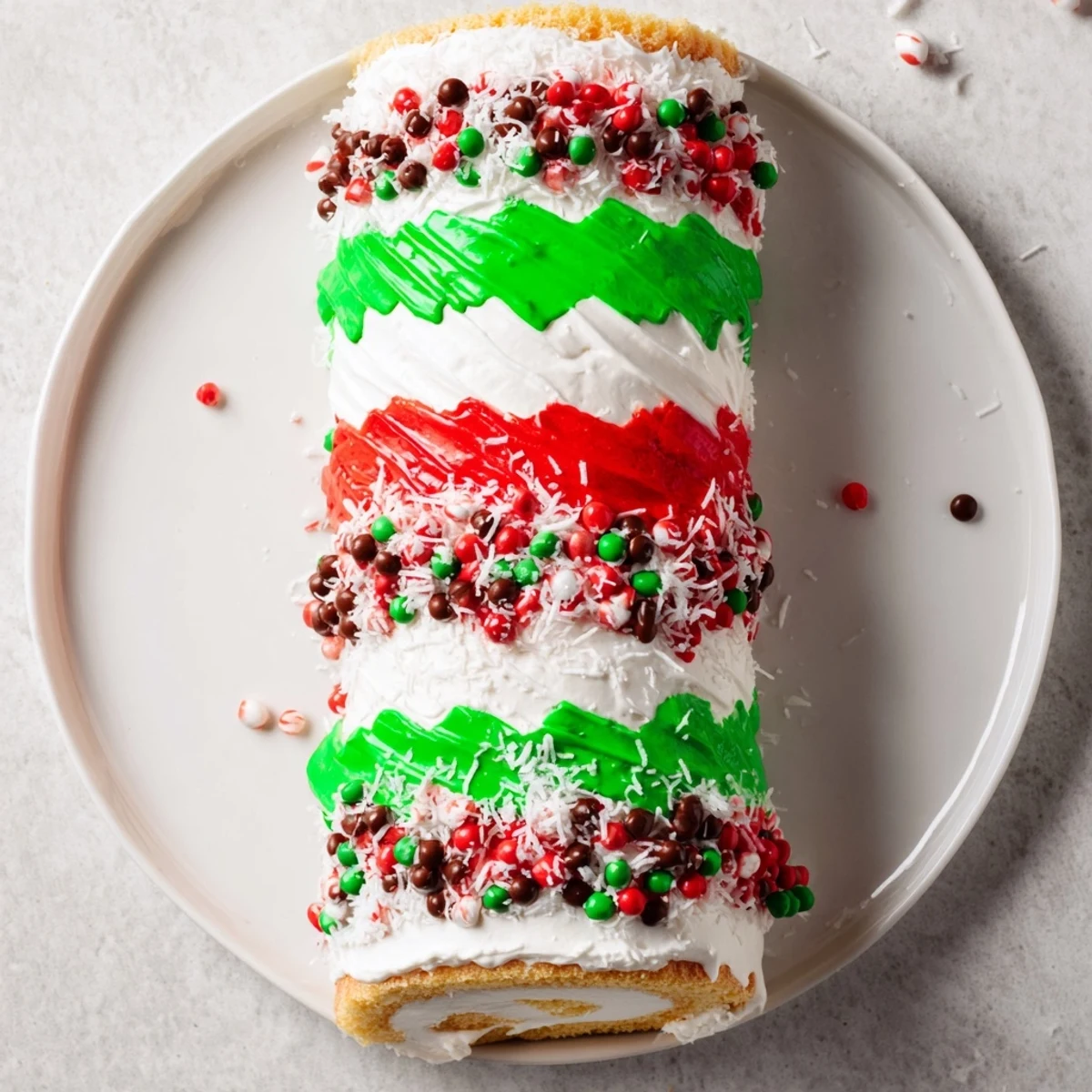 This Ugly Sweater Cake Roll showcases a close-up view of colorful frosting and candy decorations.