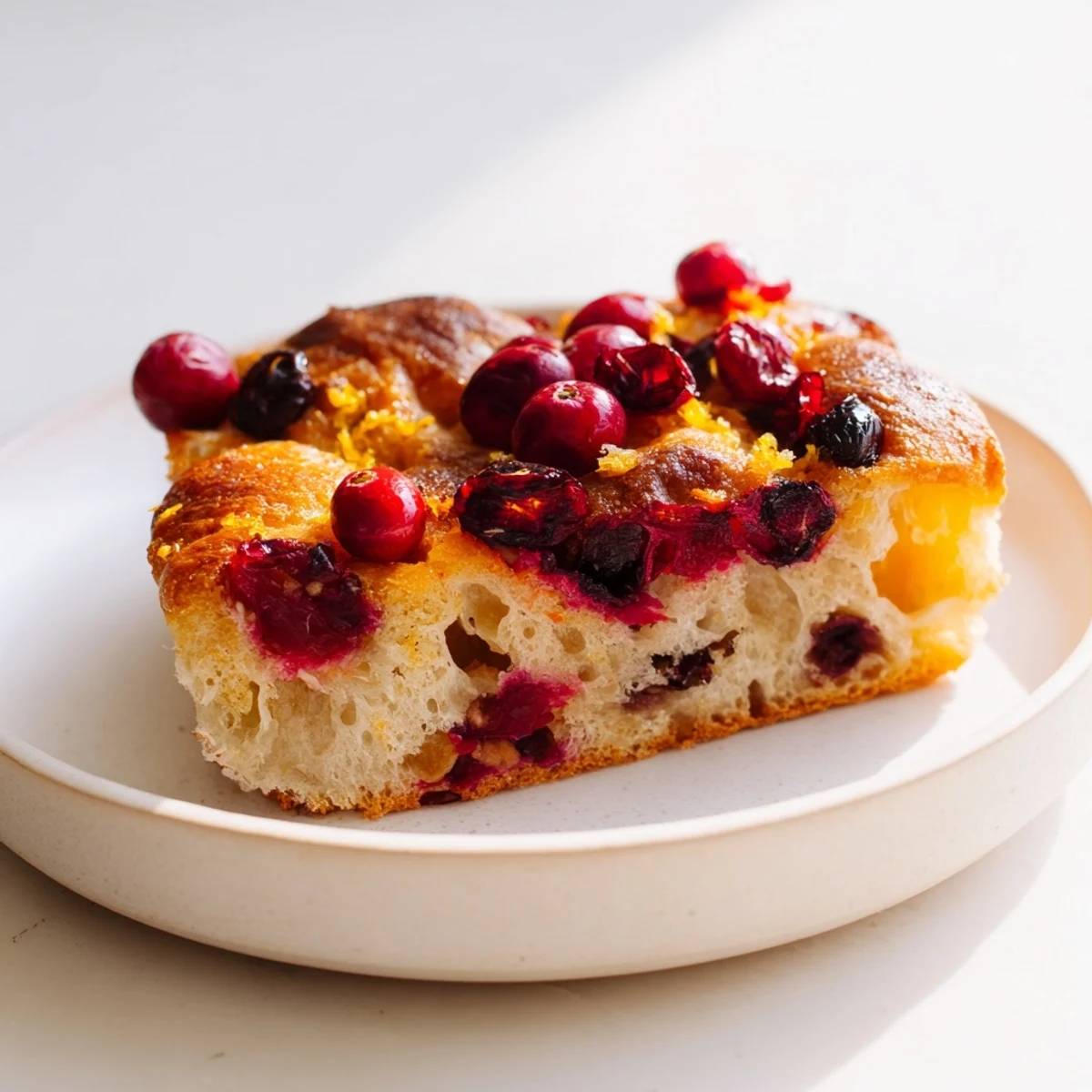 Golden-brown Cranberry Orange No-Knead Focaccia topped with bright cranberries and orange zest, ready to serve!