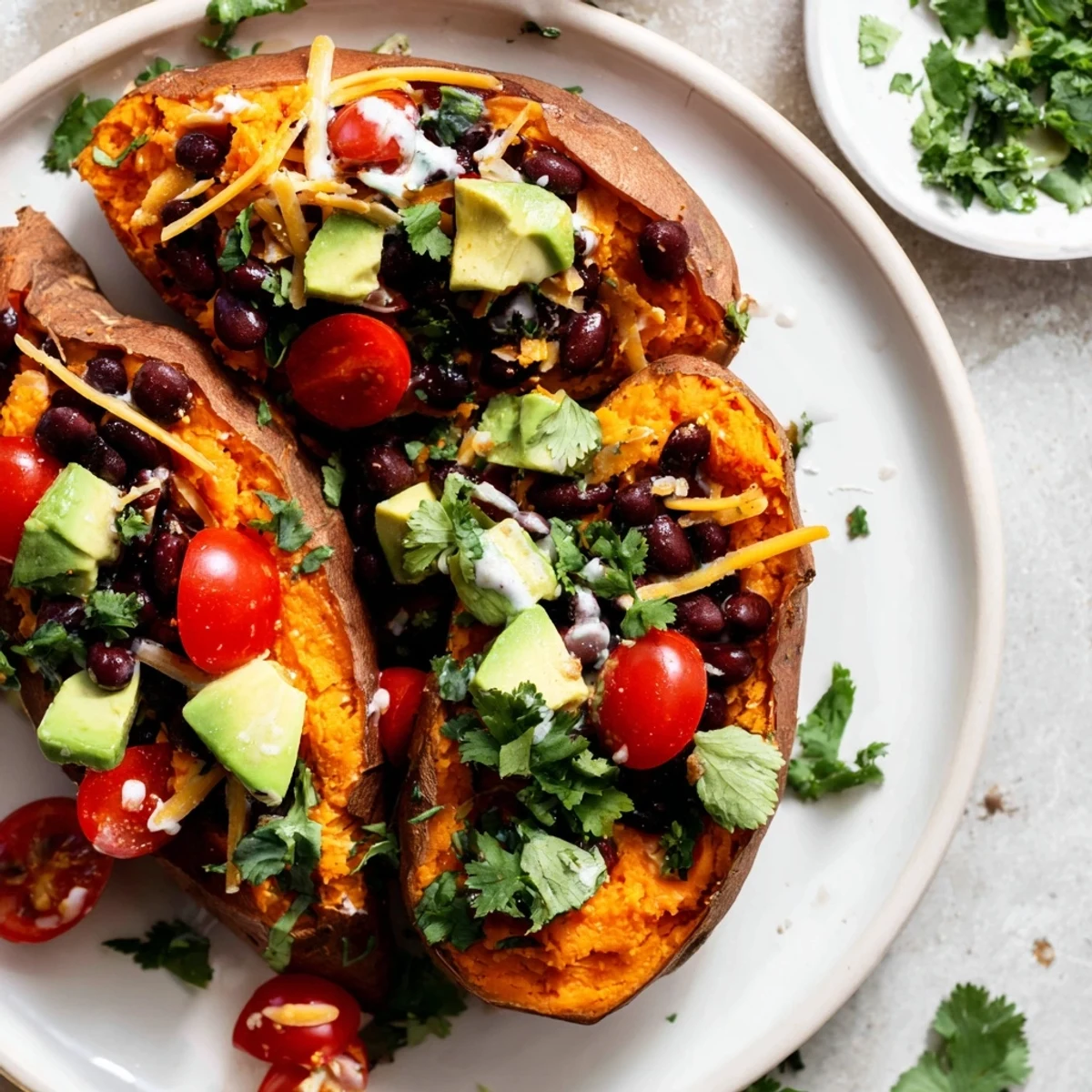 Perfectly baked Loaded Baked Sweet Potatoes, split open to reveal fluffy interior, layered with vibrant, tasty toppings.