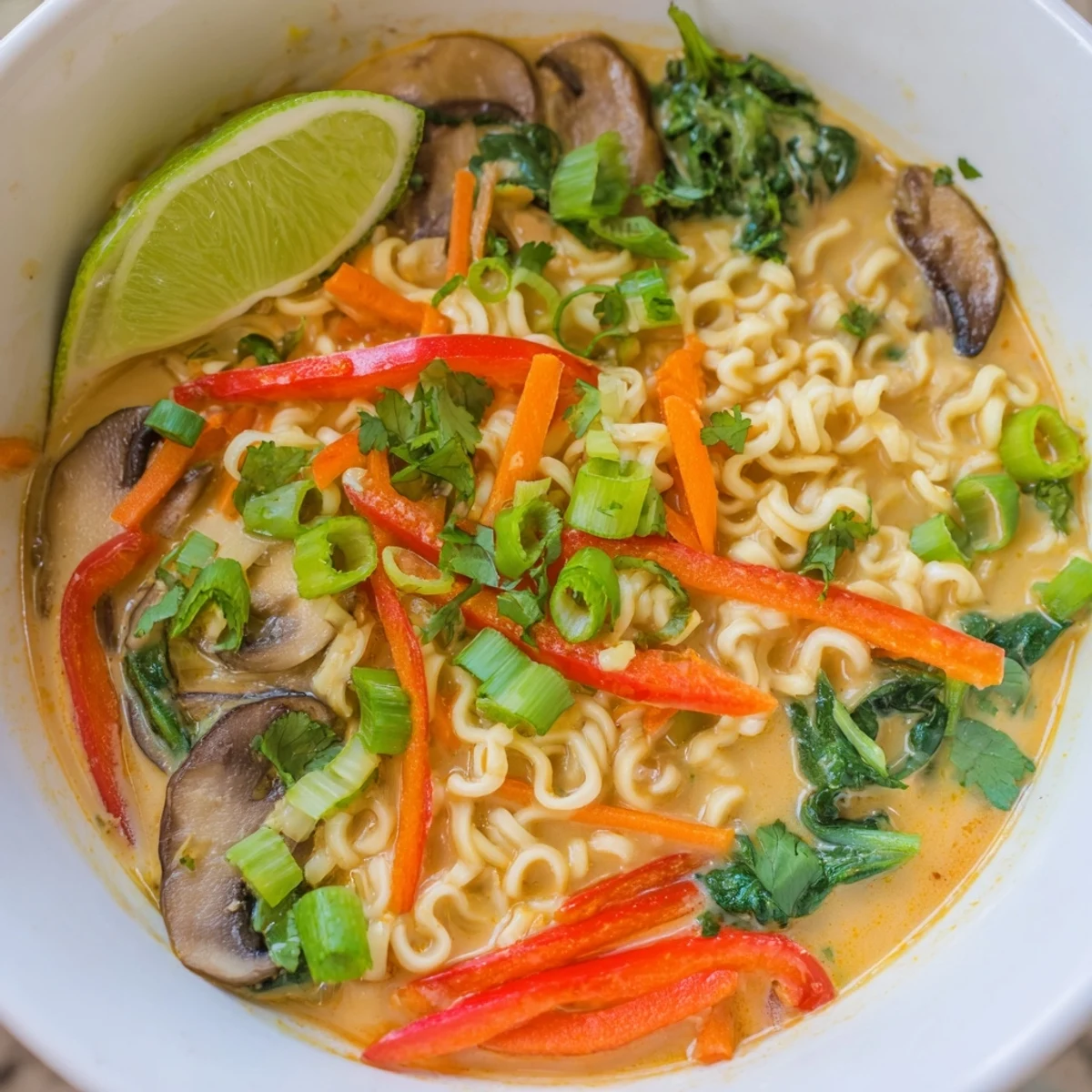 Flavorful Curry Coconut Ramen with vibrant vegetables, floating in a creamy coconut broth, ready to slurp.