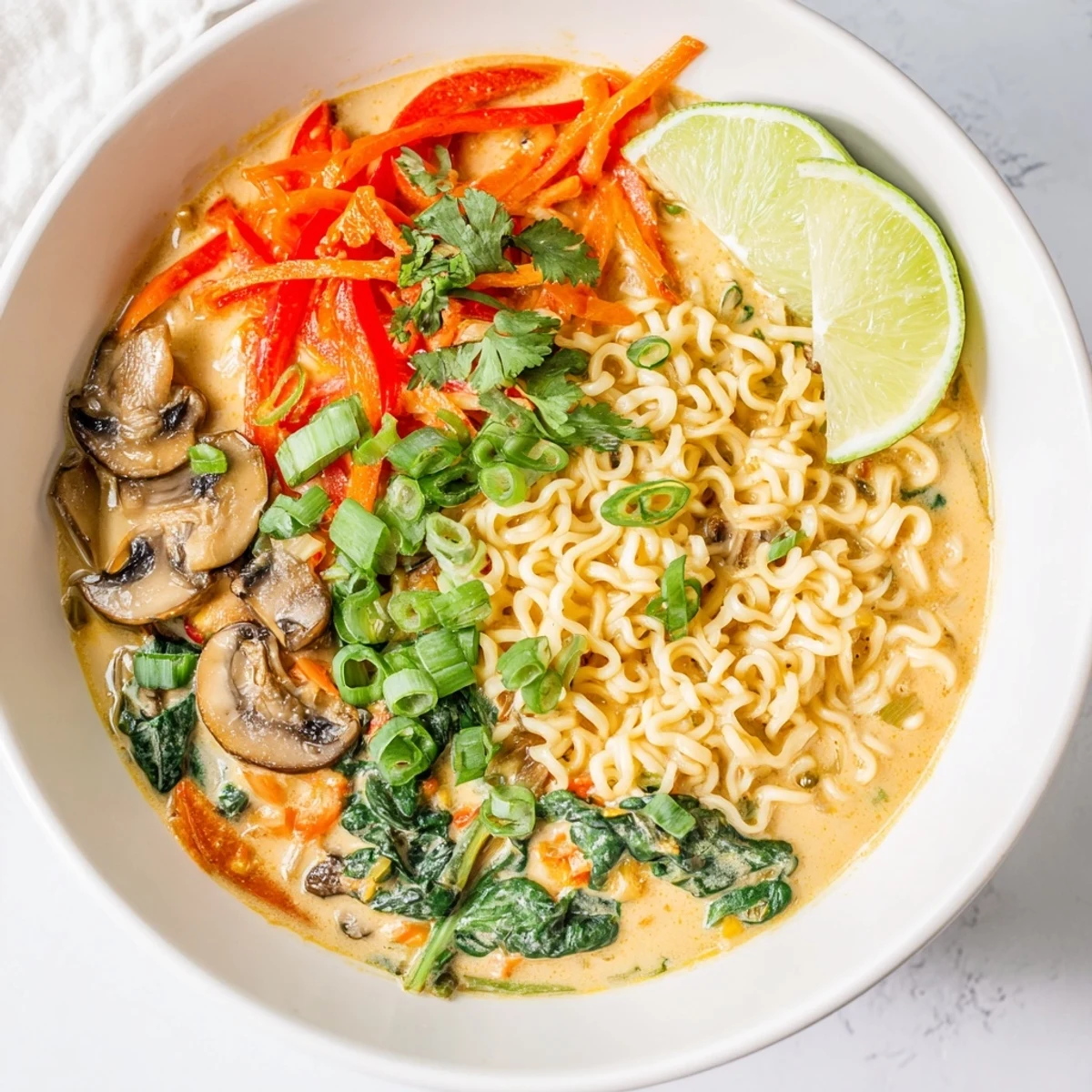 Close-up of a bowl of homemade Curry Coconut Ramen, garnished and inviting with aromas.