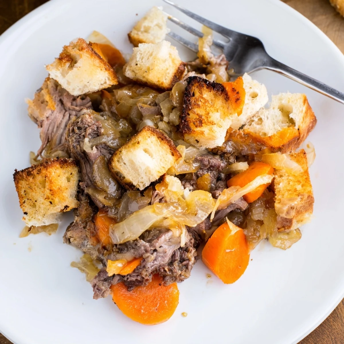 Golden-brown French Onion Pot Roast Casserole, a delicious fusion of flavors to satisfy any craving.